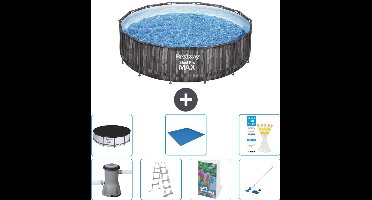 Bestway Rond Steel Pro MAX Zwembad - Houtprint - 427 x 107 cm - Inclusief Pomp - Ladder - Afdekzeil - Grondzeil - Stofzuiger - 8-delig