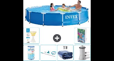 Intex Rond Frame Zwembad - 366 x 76 cm - Blauw - Inclusief Filter - Schoonmaakset - Solarzeil - Zwembadfilterpomp - 7-delig