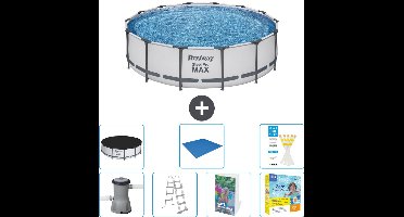 Bestway Rond Steel Pro MAX Zwembad - 427 x 107 cm - Grijs - Inclusief Pomp - Ladder - Afdekzeil - Grondzeil - Onderhoudspakket - 8-delig