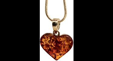 Barnsteen hart hanger 15mm (Amber) met 925 sterling zilveren hanger