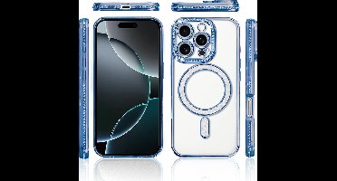 Hoesje Geschikt voor iPhone 16 Pro Magsafe hoes Lens beschermer Blauw – Luxe bling sprankelende diamant backcover