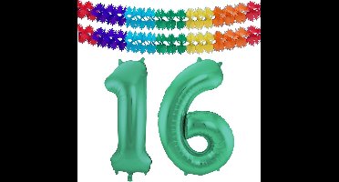 Folat Verjaardag Leeftijd folieballon - 16 jaar - groen - 86 cm - cijferballon groot - incl 2x feestslingers