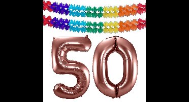 Folat Verjaardag Leeftijd folieballon - 50 jaar - rosé goud - 86 cm - cijferballon groot - incl 2x feestslingers