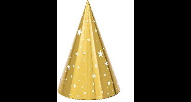 PARTYDECO - 6 gouden kartonnen feesthoedjes met witte sterren 16 cm voor verjaardag