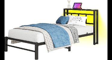Bed 90 x 200 cm – Bedframe – Metalen Bed – Eenpersoonsbed – Stalen Bed – Met USB Opladen – RGB LED Verlichting – Opbergruimte Onderbed