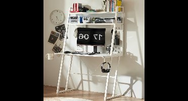 Gaming Bureau – Computer Bureau – Werkplek Bureau – Gaming Tafel – Wit – Compact 100x55 cm – Carbon Fiber Oppervlak – Hoge Plank Met Bekerhouder En Headphone Haak