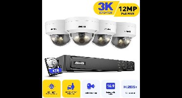 Beveiligingscamera Set – Bewakingscamera – IP Camera Systeem – Dome Camera – CCTV Beveiliging – 4x 3K/5MP PoE Camera’s – 8-kanaals NVR met 4TB HDD – Personen- en Voertuigdetectie – Nachtzicht Tot 30,5 Meter
