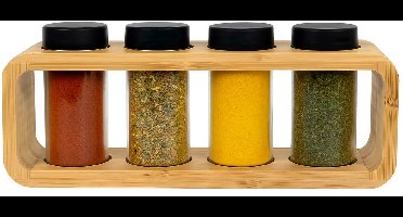 Cookinglife Kruidenrek Bamboe - Kruidenhouder/Specerijhouder - Spice Rack - Glas & Bamboe Zwart - Vaatwasserbestendig - 4-Delig