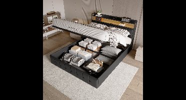 Zwart PU Tweepersoonsbed 140x190 cm – LED Hydraulisch Opbergbed met USB & Type-C, Hoofdbord met Verlichting