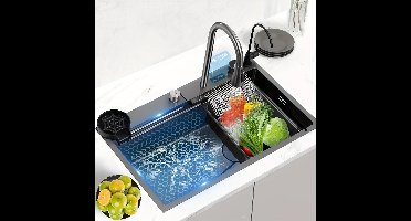 Waterval Spoelbak RVS – Enkele Spoelbak – Keukenspoelbak – Caravan Spoelbak – Enkele Kom – Uittrekbare Watervalkraan – Ingebouwd Display – 76,2 x 45,97 x 20,5 cm – Onderbouwmontage