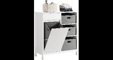 SoBuy BZR77-W Badkamerkast Wit – Kast met Kantelbare Wasmand, Lade & 3 Compartimenten – Staande Waskast 80×38×91 cm voor Badkamer