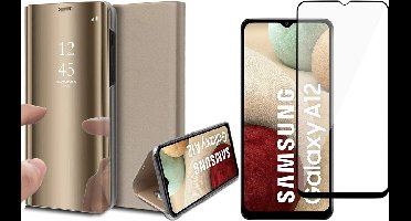 Hoesje geschikt voor Samsung A12 en Screenprotector - Spiegel Book Case Cover Hoes Goud + Screen Protector Glas Full Screen