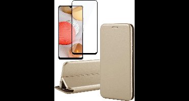 Hoesje geschikt voor Samsung Galaxy A42 - Screen Protector FullGuard - Book Case Kunstleer ThinShield Goud & Screenprotector