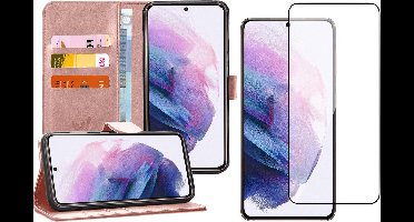 Hoesje geschikt voor Samsung Galaxy S21 - Screen Protector FullGuard - Book Case Kunstleer Pasjeshouder Rosegoud & Screenprotector