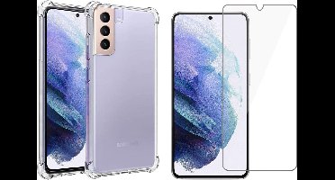 Hoesje geschikt voor Samsung Galaxy S21 Plus - Anti Shock Proof Siliconen Back Cover Case Hoes Transparant - Tempered Glass Screenprotector