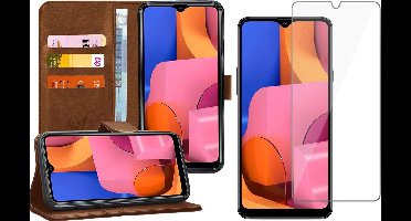 Hoesje geschikt voor Samsung Galaxy A20s - Screen Protector GlassGuard - Book Case Kunstleer Pasjeshouder Bruin & Screenprotector