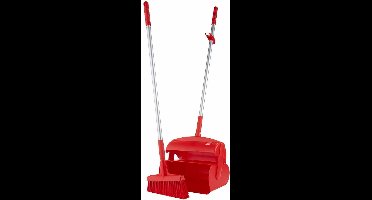 Vikan - Stoffer en Blik met Lange Steel - Veger afgeschuinde haren - Afsluitbaar - Rood
