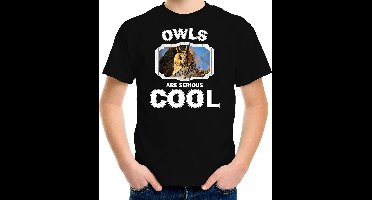 Dieren uilen t-shirt zwart kinderen - owls are serious cool shirt jongens/ meisjes - cadeau shirt ransuil/ uilen liefhebber - kinderkleding / kleding 110/116