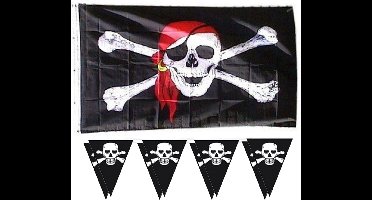 Piraten feestje/verjaardag versiering set 2x vlaggenlijnen en 1x piratenvlag 90 x 150 cm