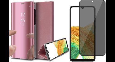 Hoesje geschikt voor Samsung Galaxy A33 - Book Case Spiegel Wallet Cover Hoes Roségoud - Tempered Glass Privacy Screenprotector
