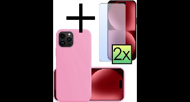 Hoesje - Met 2x Screenprotector - Geschikt voor Apple iPhone 15 Pro Max - Sterk & Shockproof - Back Cover - Siliconen Case - Telefoon Hoes - Lichtroze