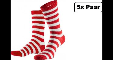 5x Paar gestreepte sokken rood/wit 36-40 - Thema feest party disco festival partyfeest carnaval optocht