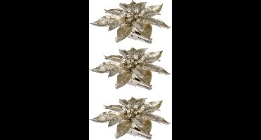 6x stuks decoratie bloemen kerststerren champagne glitter op clip 9 cm - Decoratiebloemen/kerstboomversiering