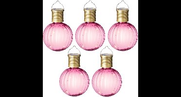 Lumineo Solar lampion voor buiten - 5x - LED - roze - 11 cm - buitenverlichting
