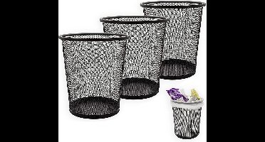 3 stuks metalen prullenmanden, 12 liter, prullenbak, zwart, metalen rooster, kleine prullenmand, vuilnisemmer, afvalemmer, kantoor, bureau, slaapkamer, badkamer, 26,5 x 23,5 x 18,8 cm