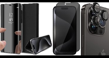 Hoesje geschikt voor iPhone 15 Pro - Privacy Screenprotector FullGuard & Camera Lens Screen Protector Zwart - Book Case Spiegel Zwart