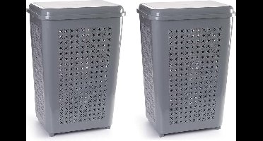 Wasmand met deksel - 2x stuks - 50 liter - grijs - kunststof - 41 x 31 x 61 cm - grote wasmanden