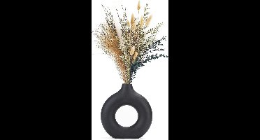 Vaas voor pampasgras en gedroogde bloemen, keramische donutvaas, ronde vorm, moderne vaas als decoratie voor woonkamer, kantoor, mat zwart