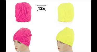 12x Muts Beanie neon pink en neon geel - skater thema feest festival fun optocht beanie