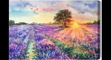 Schilderijkoning - Canvas Schilderij Lavendellandschap Geschilderd Met Waterverf - 100 x 70 cm