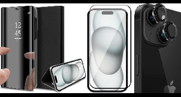 Hoesje geschikt voor iPhone 15 - Screenprotector FullGuard & Camera Lens Screen Protector Zwart - Book Case Spiegel Zwart