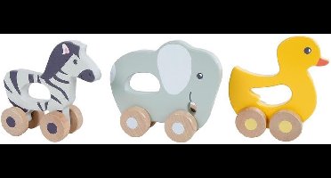 Big Tree houten dieren met wielen 13 cm Olifant, Zebra OF (!) Eendje. U ontvangt een willekeurige uitvoering