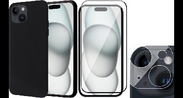 Hoesje geschikt voor iPhone 15 Plus - Screenprotector FullGuard & Camera Lens Screen Protector - Back Cover Case SoftTouch Zwart