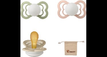 BIBS Supreme Fopspenen - Maat 1 0-6 maanden - Latex – Glow in the dark Sage - Blush – Vanilla + Monkiezz speenzakje