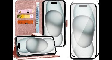 Hoesje geschikt voor iPhone 15 - Screen Protector FullGuard - Book Case Kunstleer Pasjeshouder Rosegoud & Screenprotector