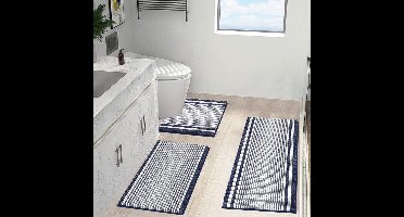 Badmatset, 3-delig, antislip, wasbaar, 81 x 51 cm + 66 x 44 cm en U-vormige contour wc-tapijt 51 x 51 cm, microvezel chenille absorberend, voor badkamer, blauw