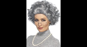 Smiffys Oma verkleedsetje voor dames - grijs - pruik/bril en ketting - Oude vrouw - Carnaval