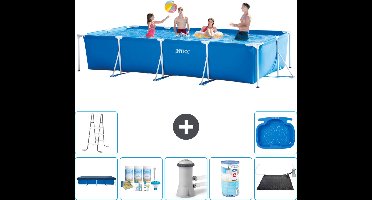 Intex Rechthoekig Frame Zwembad - 450 x 220 x 84 cm - Blauw - Inclusief Afdekzeil - Onderhoudspakket - Zwembadfilterpomp - Filter - Solar Mat - Ladder - Voetenbad - 8-delig