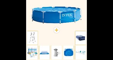 Intex Rond Frame Zwembad - 366 x 76 cm - Blauw - Inclusief Onderhoudspakket - Grondzeil - Zwembadfilterpomp - Voetenbad - Ladder - Schoonmaakset - Solarzeil - 8-delig