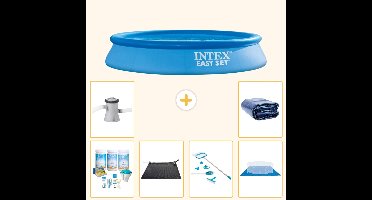 Intex Rond Opblaasbaar Easy Set Zwembad - 305 x 61 cm - Blauw - Inclusief Onderhoudspakket - Solar Mat - Schoonmaakset - Grondzeil - Zwembadfilterpomp - Solarzeil - 7-delig