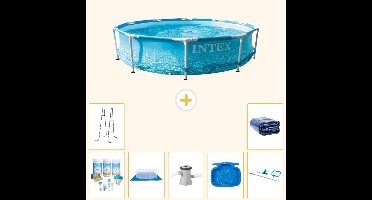 Intex Rond Frame Zwembad - 305 x 76 cm - Waterprint - Inclusief Onderhoudspakket - Grondzeil - Zwembadfilterpomp - Voetenbad - Ladder - Schoonmaakset - Solarzeil - 8-delig