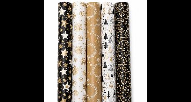 Benza Cadeaupapier Kerst Assorti – 5 Rollen Inpakpapier – 70 cm x 3 Meter – Luxe Kerstpapier met Goud, Wit en Zwart Design