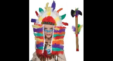 Indiaan verkleed accessoire set hoofdtooi en bijl - Carnaval verkleed accessoires indiaan