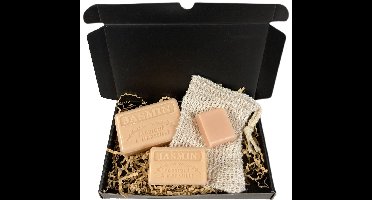 Zeepbox cadeau Jasmijn 1x125 g. 1x60 g. 1x30g. 1x Sisal zeep scrub zakje - cadeautje