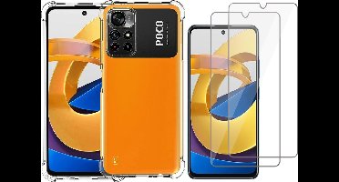 Hoesje geschikt voor Xiaomi Poco M4 Pro - Transparant Backcover Shockproof Case + 2x Glas Screen Protector