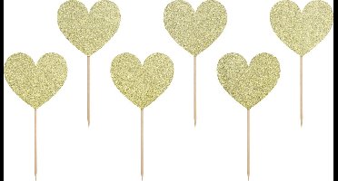 PARTYDECO - 6 gouden hartjesprikkers met glitter 11 cm